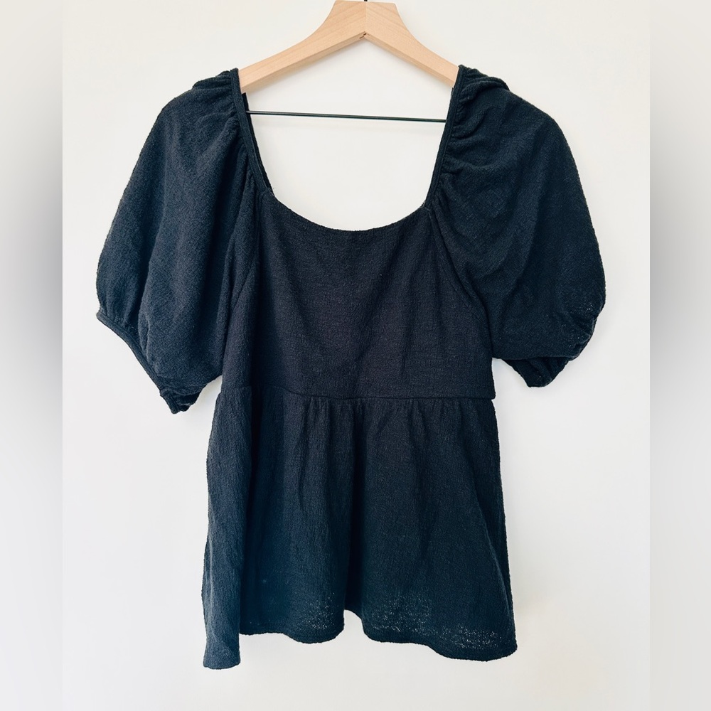 Madewell Black Babydoll Puff Sleeve Flowy Top Blouse